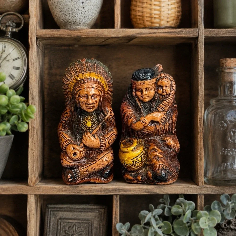 VTG MPI 1947 Native American Wood Salt Pepper Shakers Chief Mother Child Set